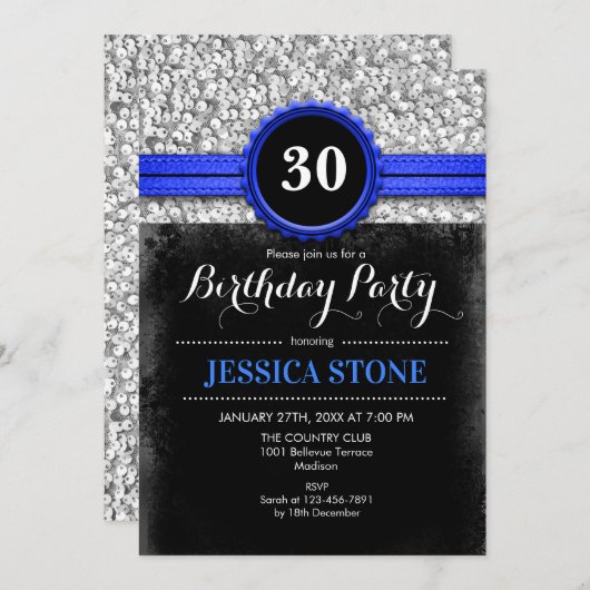 30e verjaardag uitnodiging - Royal Blue Zwart Zilv (Voorkant / Achterkant)