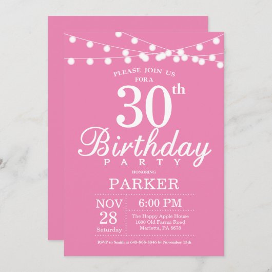 30e verjaardag uitnodiging roze (Voorkant / Achterkant)