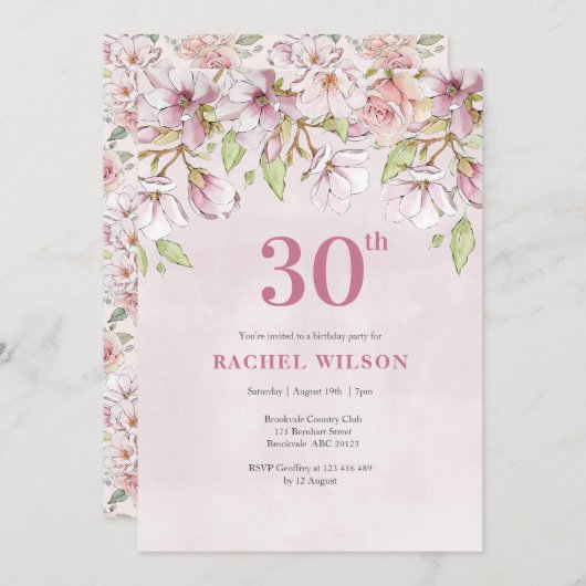 30e verjaardag uitnodiging roze bloemetje (Voorkant / Achterkant)