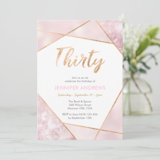 30e verjaardag Uitnodiging roze en goud (Staand voorkant)