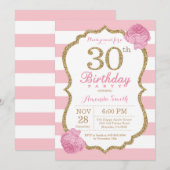 30e verjaardag uitnodiging Roze en Gouden Bloemen (Voorkant / Achterkant)