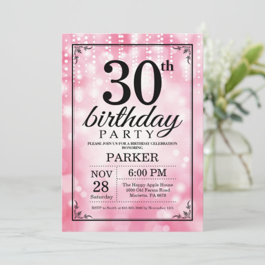 30e verjaardag uitnodiging roze glitter (Staand voorkant)