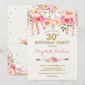 30e verjaardag Uitnodiging Roze Gold Boho Floral (Voorkant / Achterkant)