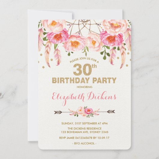 30e verjaardag Uitnodiging Roze Gold Boho Floral (Voorkant)