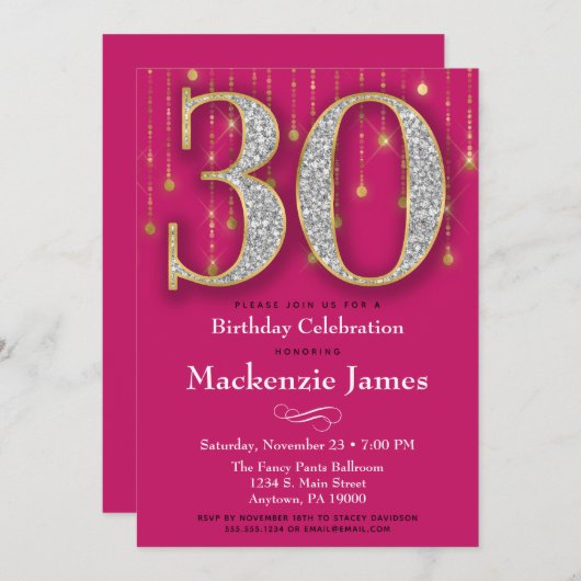 30e verjaardag Uitnodiging Roze Gold Diamonds Adul (Voorkant / Achterkant)