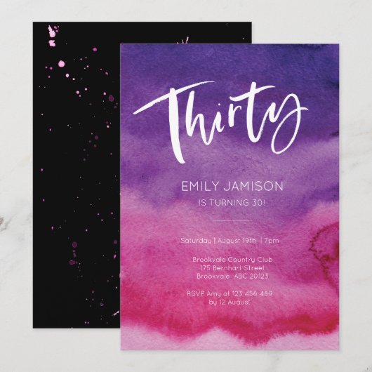 30e verjaardag Uitnodiging Roze Paarse Waterverf (Voorkant / Achterkant)