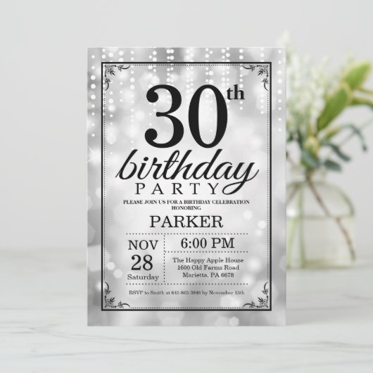 30e verjaardag Uitnodiging Silver Glitter (Staand voorkant)