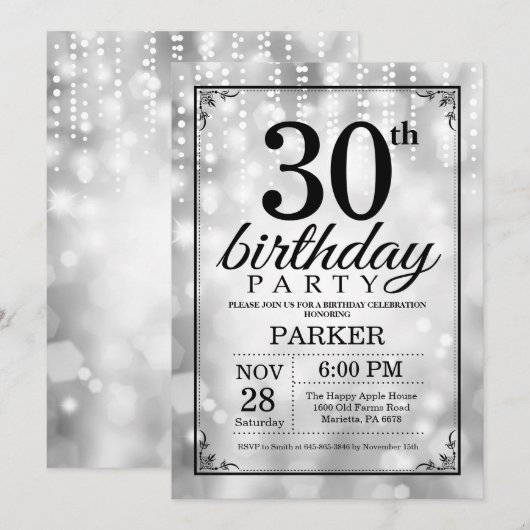 30e verjaardag Uitnodiging Silver Glitter (Voorkant / Achterkant)