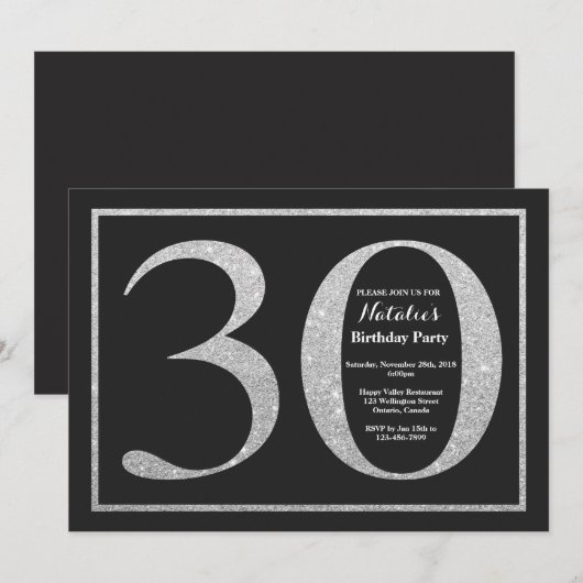 30e verjaardag Uitnodiging Silver Glitter Chalkboa (Voorkant / Achterkant)