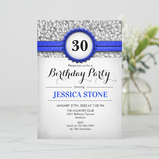 30e verjaardag uitnodiging - Silver White Royal Bl (Staand voorkant)
