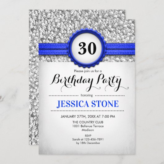 30e verjaardag uitnodiging - Silver White Royal Bl (Voorkant / Achterkant)