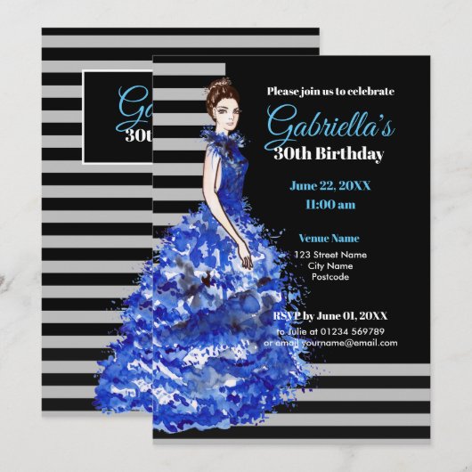 30e verjaardag uitnodiging Sparkly Blue Dress (Voorkant / Achterkant)