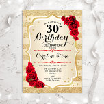 30e verjaardag - Uitnodiging tot het indienen van<br><div class="desc">30e uitnodiging van de verjaardag. Elegant design in goud en rood. Met faux glitter Gold strepen,  rode rozen,  stijlvol script font and confetti. Ideaal voor een glam verjaardagsfeestje.</div>