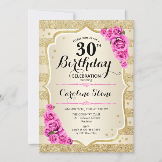 30e verjaardag - Uitnodiging tot roze gouden strep (Voorkant)
