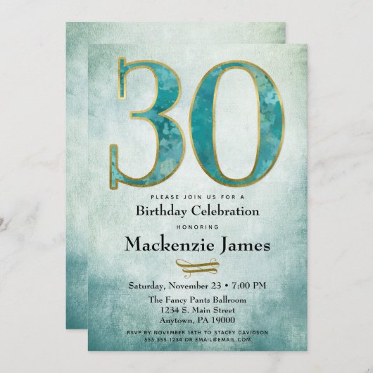 30e verjaardag Uitnodiging Turquoise Blue Gold Adu (Voorkant / Achterkant)