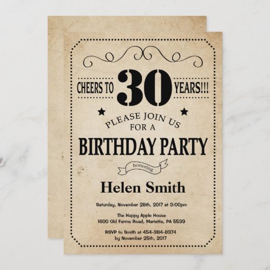 30e verjaardag Uitnodiging Uitnodiging Rustic  Ret (Voorkant / Achterkant)