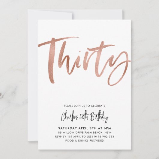 30e verjaardag Uitnodiging White Rose Gold Derty (Voorkant)