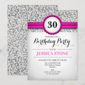 30e verjaardag uitnodiging - Zilver Wit Hot Pink (Voorkant / Achterkant)