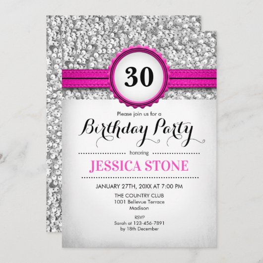 30e verjaardag uitnodiging - Zilver Wit Hot Pink (Voorkant / Achterkant)
