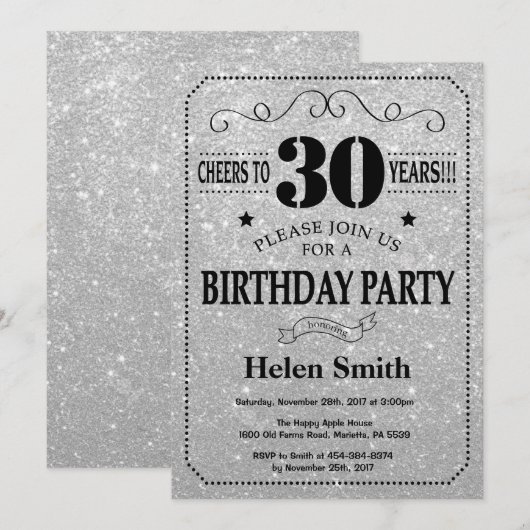 30e verjaardag uitnodiging zwart en zilver glitter (Voorkant / Achterkant)