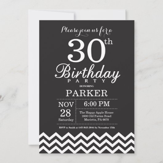 30e verjaardag Uitnodiging zwart-wit Chevron (Voorkant)