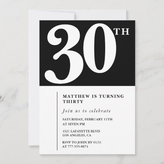 30e verjaardag uitnodigingen Black White Elegant (Voorkant)