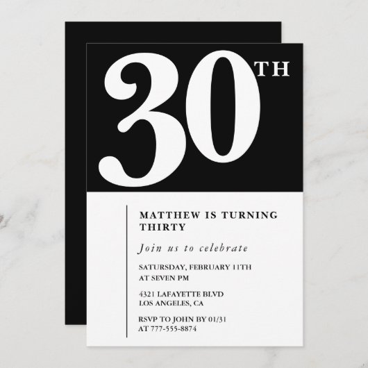 30e verjaardag uitnodigingen Black White Elegant (Voorkant / Achterkant)