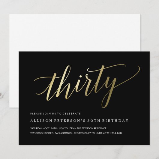 30e verjaardag uitnodigingen - Formal Faux Gold (Voorkant / Achterkant)