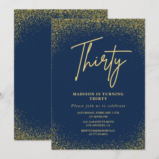 30e verjaardag uitnodigingen Gold Navy Glitter (Voorkant / Achterkant)