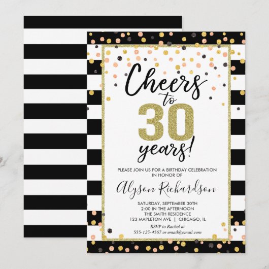 30e verjaardag uitnodigingen, zwart en goud gejuic kaart (Voorkant / Achterkant)
