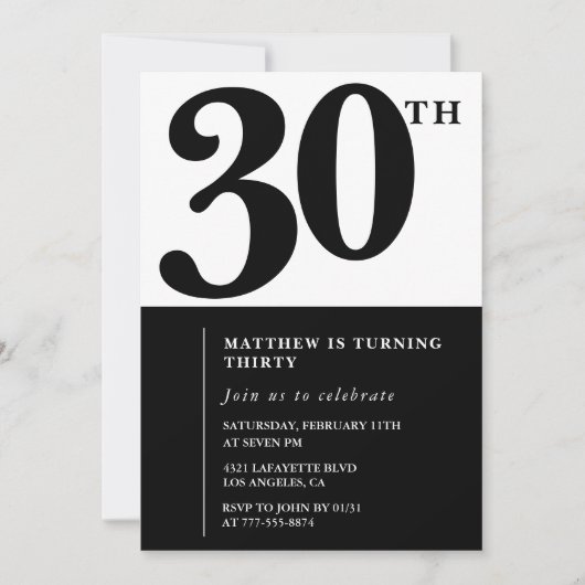 30e verjaardag uitnodigingen Zwart en Wit Elegant (Voorkant)