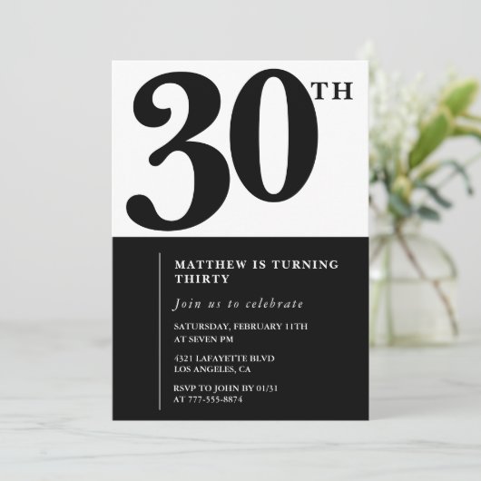 30e verjaardag uitnodigingen Zwart en Wit Elegant (Staand voorkant)