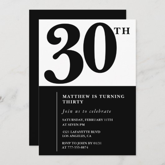 30e verjaardag uitnodigingen Zwart en Wit Elegant (Voorkant / Achterkant)