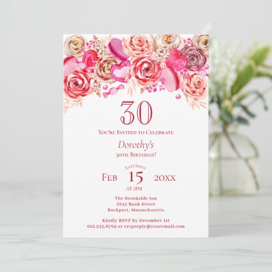 30e Verjaardag Valentijn Roze Rose Swirly Heart Kaart (Staand voorkant)
