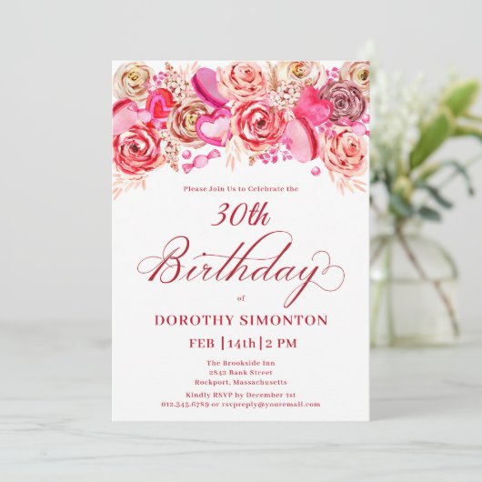 30e Verjaardag Valentijn Roze Rose Swirly Heart Kaart (Staand voorkant)