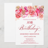 30e Verjaardag Valentijn Roze Rose Swirly Heart Kaart (Voorkant / Achterkant)