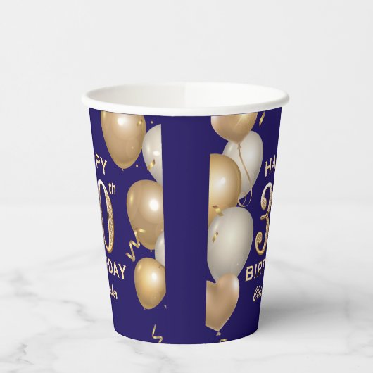 30e verjaardag van de marineblauw en goudballonnen papieren bekers (Links)