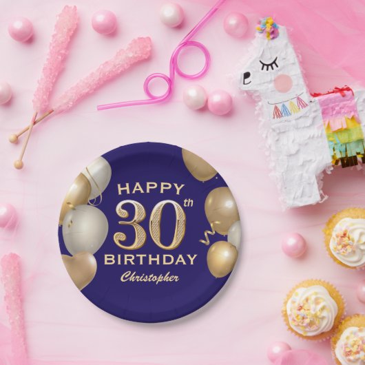 30e verjaardag van de marineblauw en goudballonnen papieren bordje (Feest)