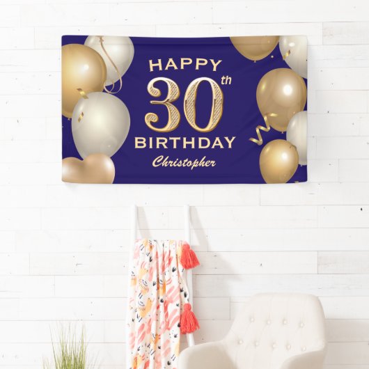 30e verjaardag van de marineblauw en goudballonnen spandoek (Insitu)