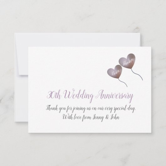 30e verjaardag van de Parelbruiloft paars hart Bedankkaart (Achterkant)