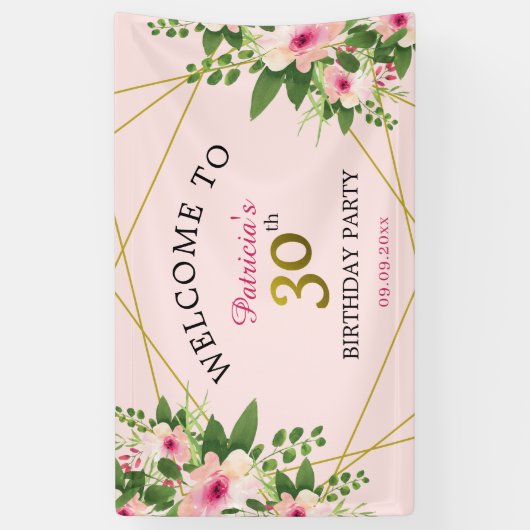 30e verjaardag van de roze Floral Spandoek (Verticaal)