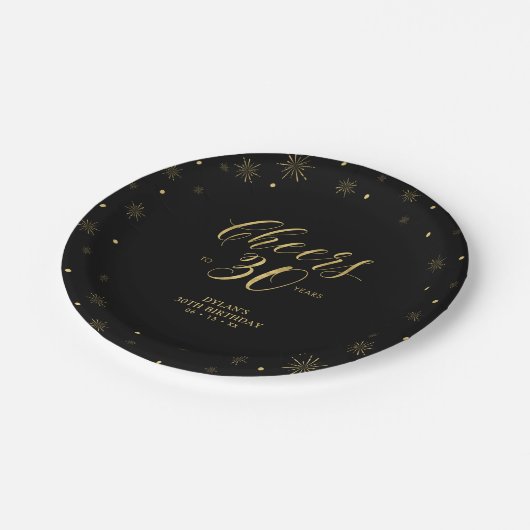 30e verjaardag van gouden en zwarte pekeltjes papieren bordje (Gekanteld)