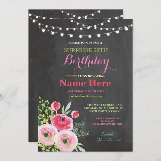 30e verjaardag van het Chalkboard Floral Pink Invi Kaart (Voorkant / Achterkant)