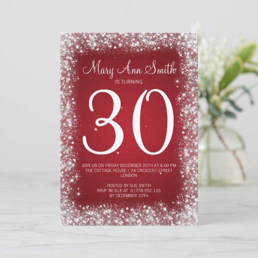 30e verjaardag van het mousserende glitterrood kaart (Staand voorkant)