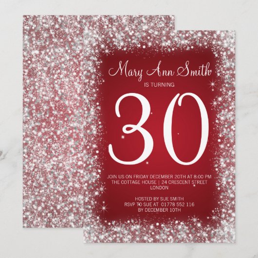 30e verjaardag van het mousserende glitterrood kaart (Voorkant / Achterkant)