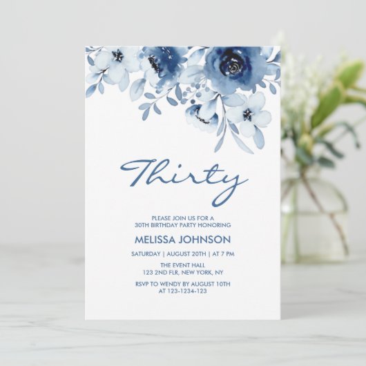 30e verjaardag van Modern Blue Rozen Floral Greene Kaart (Staand voorkant)