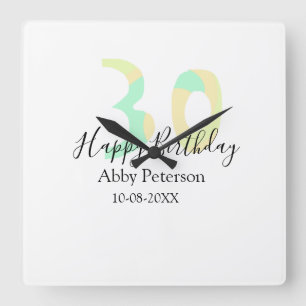30e verjaardag vet letter pastel geel zwart retr vierkante klok