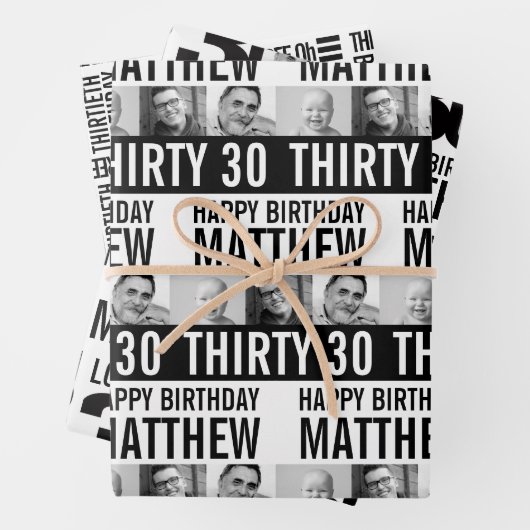 30e verjaardag vier foto's zwart-wit mono inpakpapier vel (In situ)