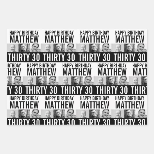 30e verjaardag vier foto's zwart-wit mono inpakpapier vel (Voorkant)