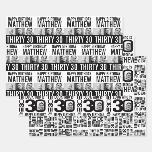 30e verjaardag vier foto's zwart-wit mono inpakpapier vel (Set)